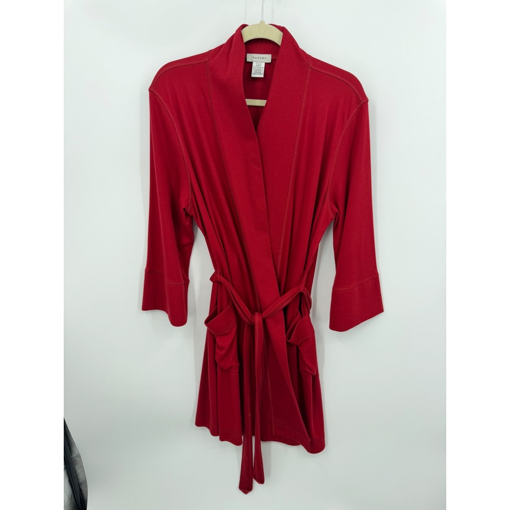Natori B88967 Short Robe Women Medium Red Jersey Knit Tie Waist Pocket Wrap